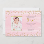 赤面ピンク金ゴールドワンバースデーフォト招待状 招待状 (正面)