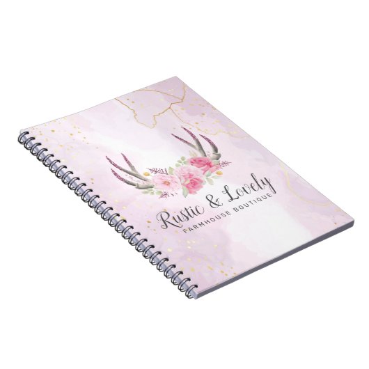 赤面ピンク金ゴールド大理石素朴フローラ〔雄ジカの〕枝角シック ノートブック (右側)