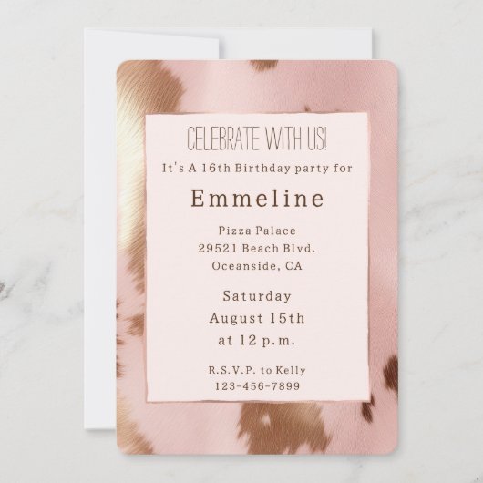 赤面ピンク金ゴールド女性のカーボーイ牛革 招待状 (正面)