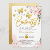 赤面ピンク金ゴールド小さな蝶の赤ちゃんシャワー 招待状 (正面/裏面)