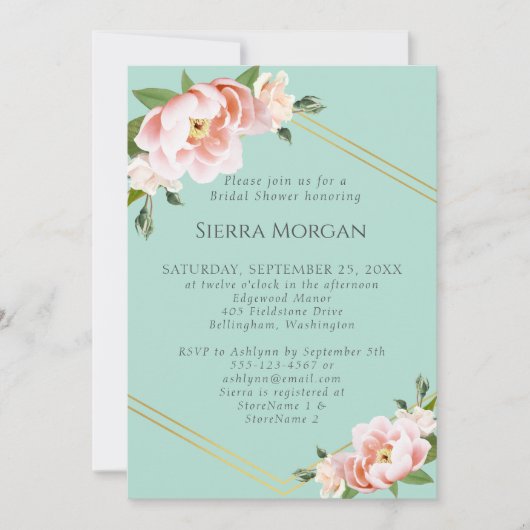 赤面ピンク金ゴールド幾何学模様ミントグリーンブライダルシャワー 招待状 (正面)