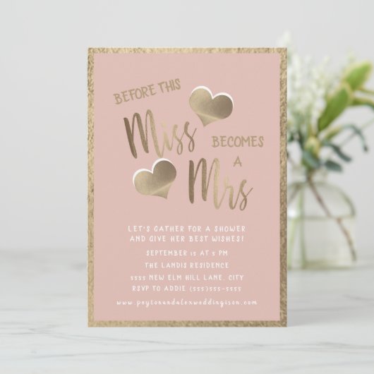 赤面ピンク金ゴールド恋しく思ハートミセスブライダルシャワー 招待状 (スタンド正面)