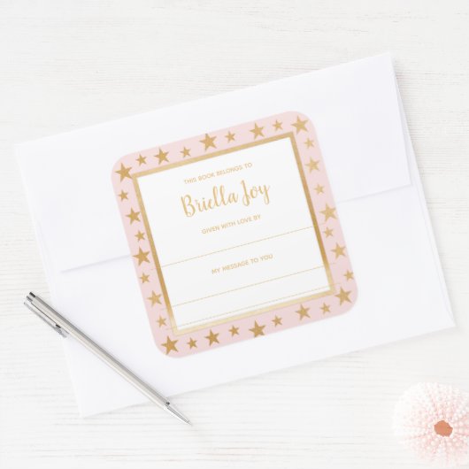 赤面ピンク金ゴールド星ベビーシャワー蔵書票 スクエアシール (封筒)