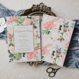 赤面ピンク金ゴールド水彩フローラ婚約パーティ 招待状
