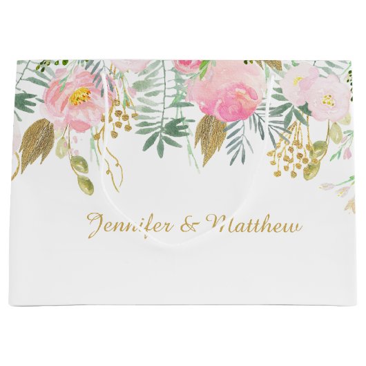 赤面ピンク金ゴールド水彩花大抱き枕 ラージペーパーバッグ (正面)