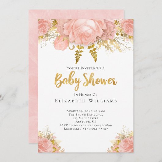 赤面ピンク金ゴールド水彩花少女ベビーシャワー 招待状 (正面/裏面)