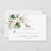 赤面ピンク金ゴールド熱帯水カラーフローラ結婚ズ 出欠カード (正面)