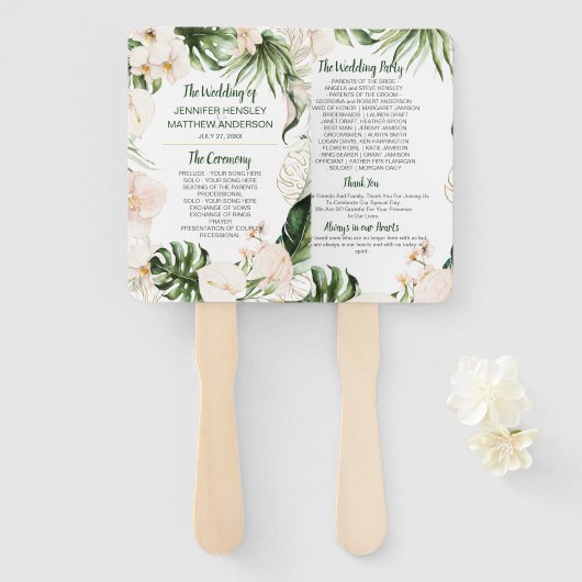 赤面ピンク金ゴールド熱帯緑結婚園の式典 ハンドファン (正面&裏面)