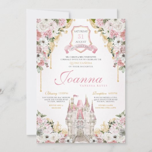 赤面ピンク金ゴールド王室の城プリンセスキンセアニェラ 招待状 (正面)