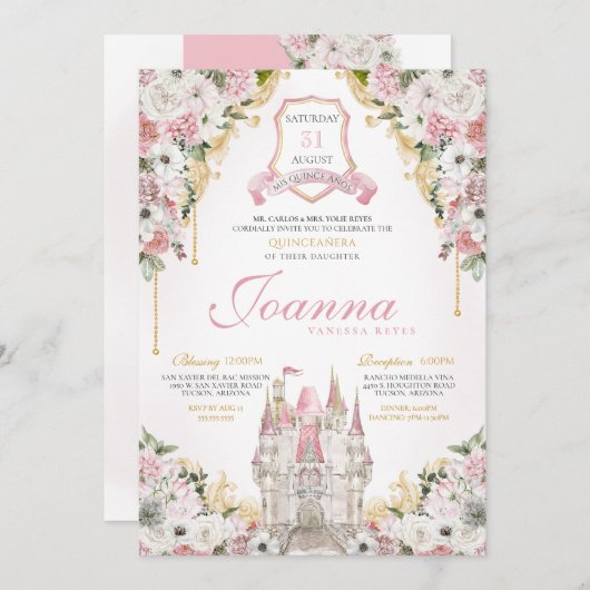 赤面ピンク金ゴールド王室の城プリンセスキンセアニェラ 招待状 (正面/裏面)