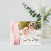 赤面ピンク金ゴールド瑪瑙フォト日付を保存 ポストカード (スタンド正面)