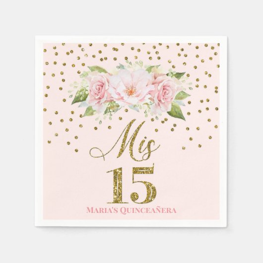 赤面ピンク金ゴールド紙吹雪キンセアニラ誕生日 スタンダードカクテルナプキン (正面)