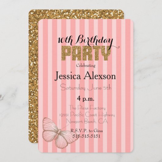 赤面ピンク金ゴールド紙吹雪グリッター16誕生日 招待状 (正面/裏面)
