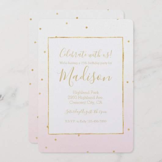 赤面ピンク金ゴールド紙吹雪スパークルグラデーション誕生日 招待状 (正面/裏面)
