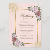 赤面ピンク金ゴールド紙吹雪フローラ誕生日パーティー 招待状 (正面/裏面)