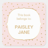 赤面ピンク金ゴールド紙吹雪小さな赤ちゃん女の子蔵書票 スクエアシール (正面)