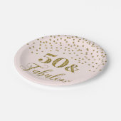 赤面ピンク金ゴールド紙吹雪50th誕生日パーティー ペーパープレート (アングル)