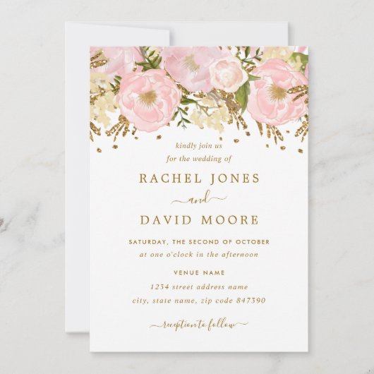 赤面ピンク金ゴールド素朴フローラ結婚式招待状 招待状 (正面)