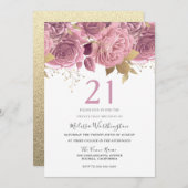 赤面ピンク金ゴールド花女の子21歳の誕生日パーティー 招待状 (正面/裏面)