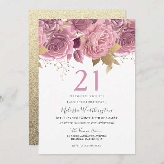 赤面ピンク金ゴールド花女の子21歳の誕生日パーティー 招待状 (正面/裏面)