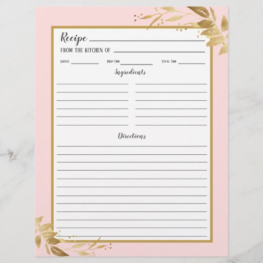 赤面ピンク金ゴールド葉レシピバインダーページ (正面)