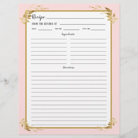 赤面ピンク金ゴールド葉レシピバインダーページ (正面)