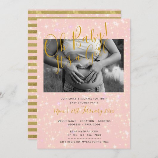 赤面ピンク金ゴールド赤ちゃんシャワー写真ガール招待状 招待状 (正面/裏面)