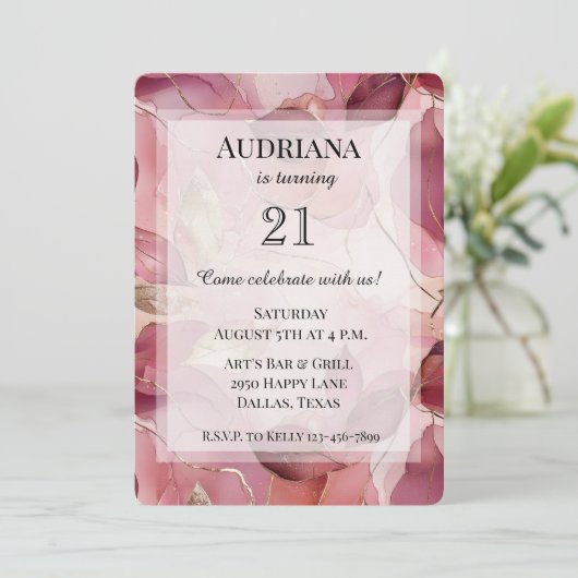 赤面ピンク金ゴールド離れ誕生日 招待状 (スタンド正面)