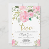 赤面ピンク金ゴールド2歳の誕生日フローラガール 招待状 (正面)