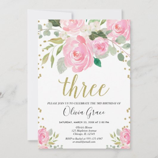 赤面ピンク金ゴールド3歳の誕生日フローラ誕生日 招待状 (正面)
