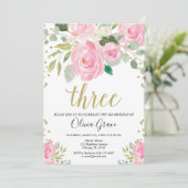 赤面ピンク金ゴールド3歳の誕生日フローラ誕生日 招待状 (スタンド正面)