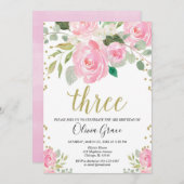 赤面ピンク金ゴールド3歳の誕生日フローラ誕生日 招待状 (正面/裏面)