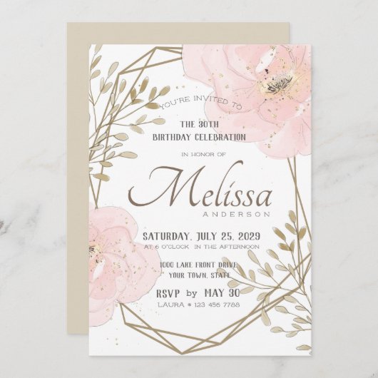 赤面ピンク金ゴールド&ターペフローラ誕生日 招待状 (正面/裏面)