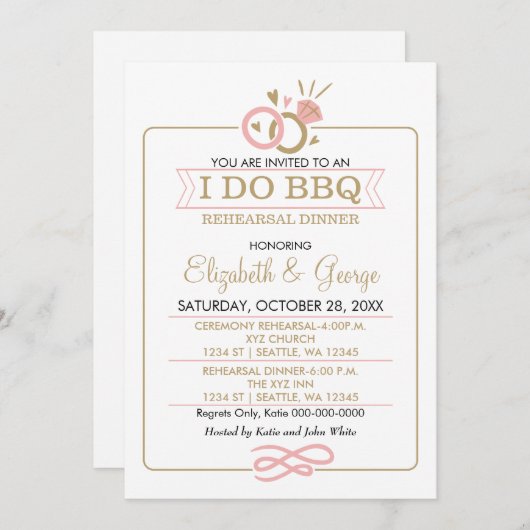 赤面ピンク金ゴールドI DO BBQリハーサルディナー 招待状 (正面/裏面)