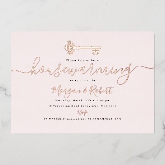 赤面ピンク鍵引っ越し祝いパーティーパーティー 箔招待状 (正面)