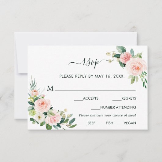 赤面ピンク開花の結婚式の出欠の出欠と食事の選択 出欠カード (正面)