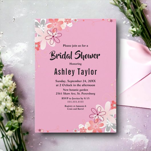 赤面ピンク開花バラサマーフローラブライダルシャワー 招待状