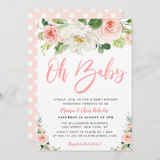 赤面ピンク開花フローラカップルベビーシャワー 招待状 (正面/裏面)