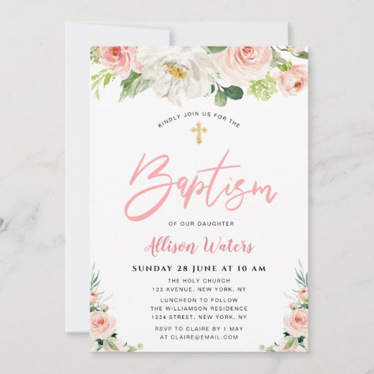 赤面ピンク開花フローラバプティスム招待 招待状 (正面)