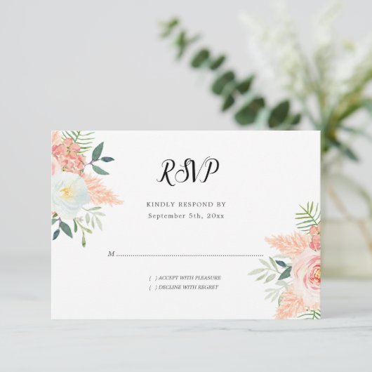 赤面ピンク開花フローラ水色結婚の 出欠カード (スタンド正面)