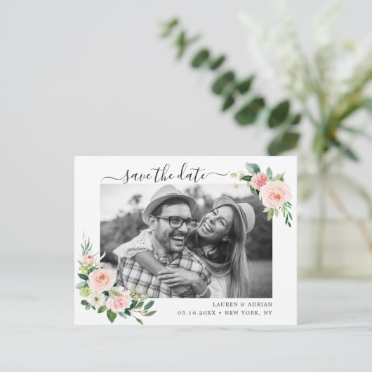 赤面ピンク開花日付写真を保存 案内ポストカード (スタンド正面)