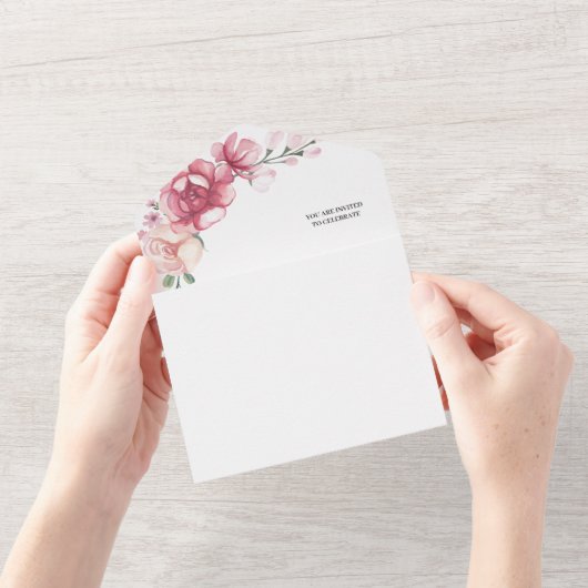 赤面ピンク開花結婚ズ オールインワン招待状 (開いている状態)