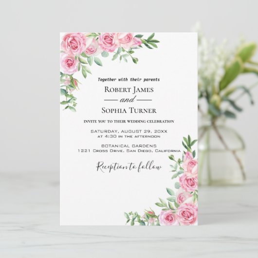 赤面ピンク開花結婚式招待状 招待状 (スタンド正面)