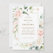 赤面ピンク開花金ゴールド結婚フレーム 招待状 (正面)