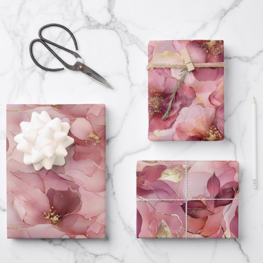 赤面ピンク離れ金ゴールドフローラブライダルシャワー ラッピングペーパーシート (正面)