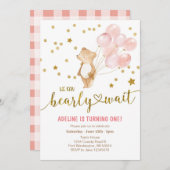 赤面ピンク風船を早く待つ誕生日 招待状 (正面/裏面)