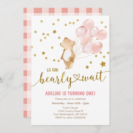 赤面ピンク風船を早く待つ誕生日 招待状 (正面/裏面)