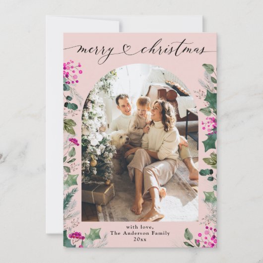 赤面ピンク1フォトアーチメリークリスマスカード シーズンカード (正面)