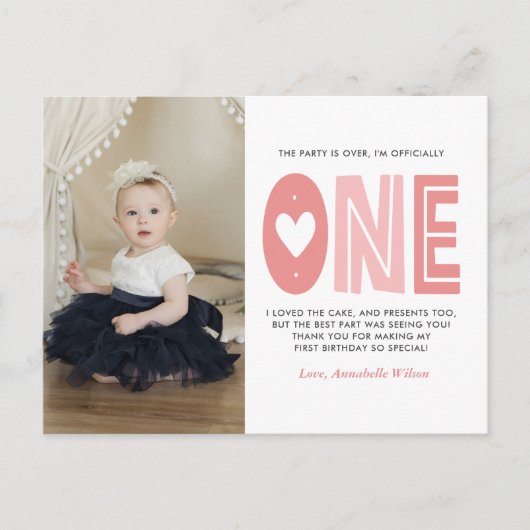 赤面ピンク1歳の誕生日ありがとうポストカード ポストカード (正面)