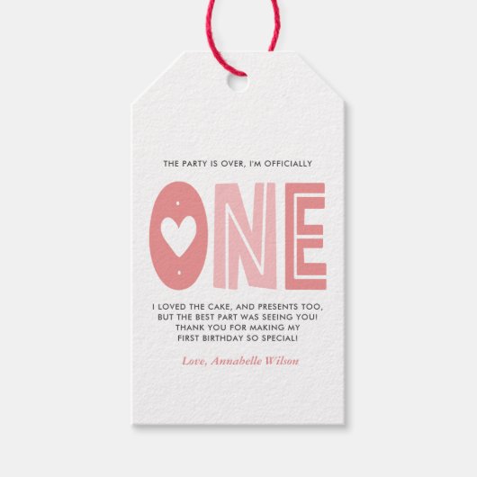 赤面ピンク1歳の誕生日ありがとう ギフトタグ (正面)